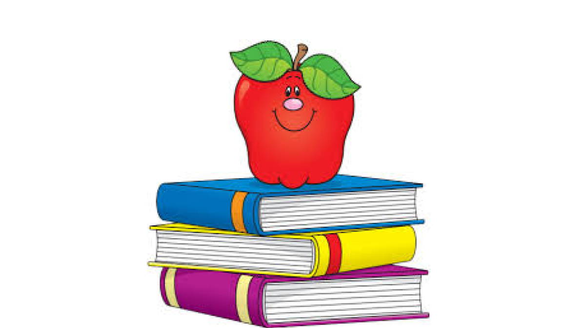 Stack of books with a smiling red apple on top