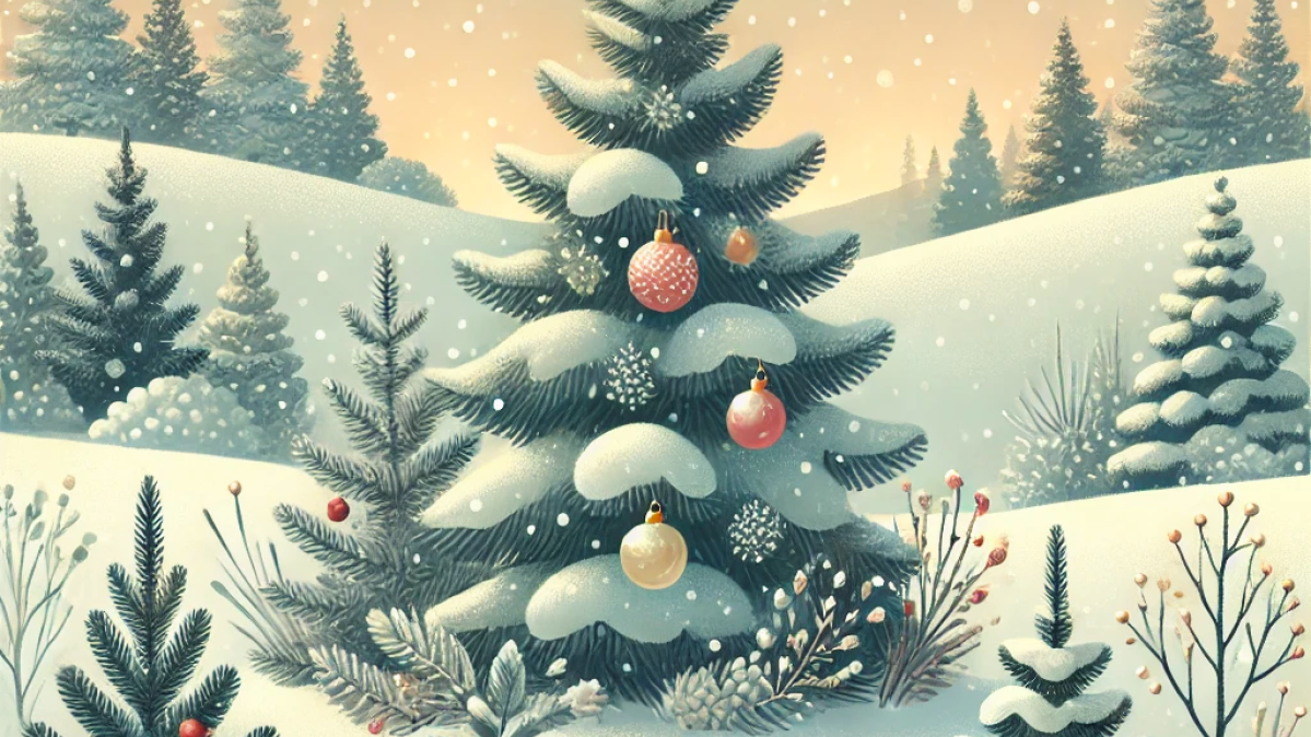 An AI drawing of a winter scene with snowy, low hills and evenly proportioned evergreens with holiday baubles attached.