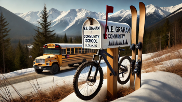 Snow-covered mountains with a school bus in the background and a mailbox with a raised flag in the foreground. The mailbox has a mountain bike and skis inserted into it. 