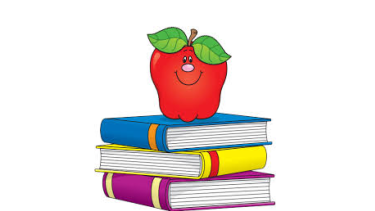 Stack of books with a smiling red apple on top