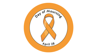 An orange circle with an orange ribbon inside signifying the National Day of Mourning